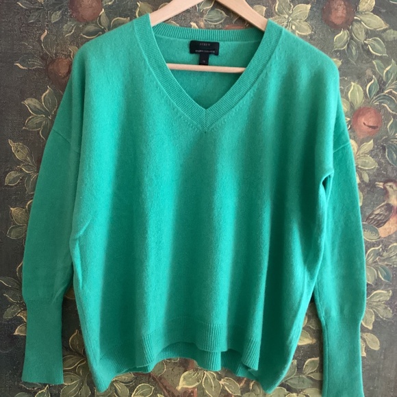 J Crew 100% Italian Cashmere V-Neck Long Sleeve Teal Green Sweater Oversized - Picture 3 of 7